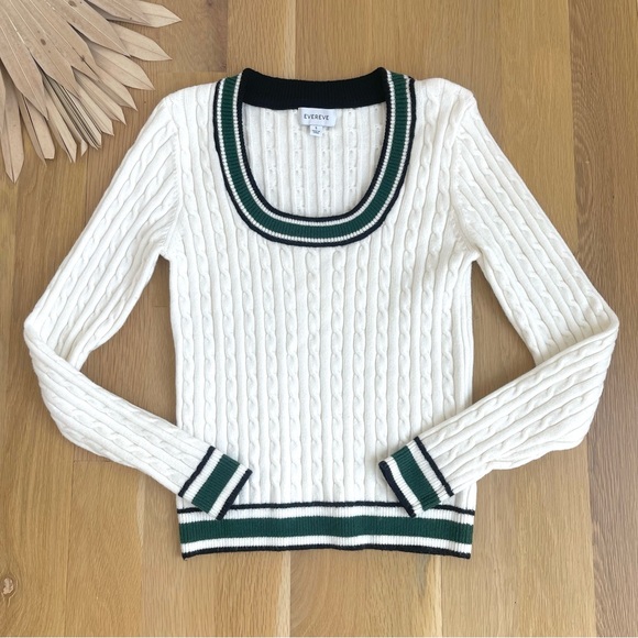 Evereve Penny White Green Cable Knit Scoop Neck Academia Preppy Sweater Small - Picture 2 of 8